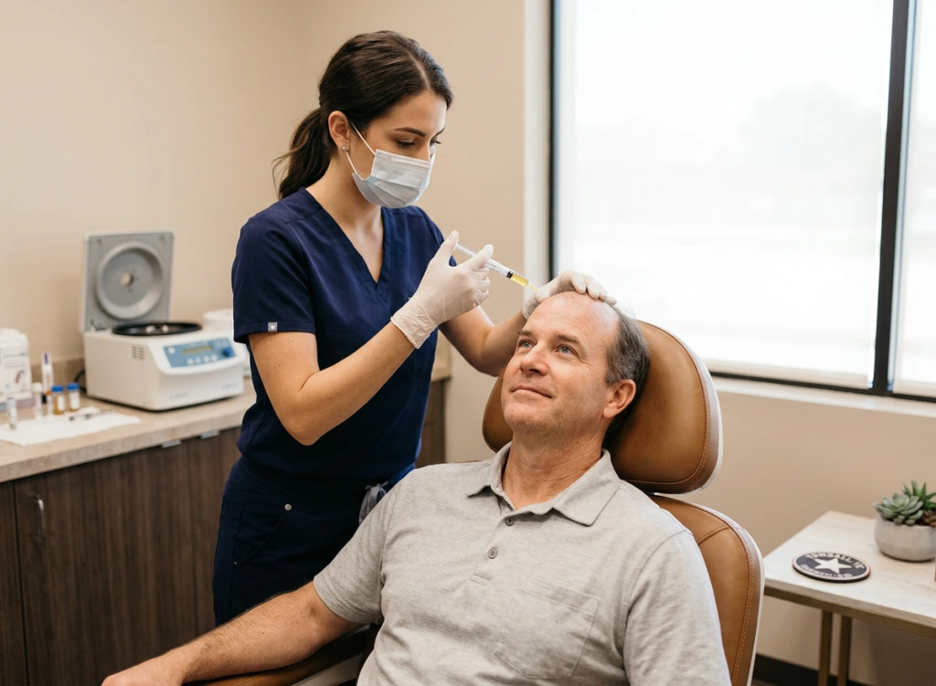 Female patient receiving PRP hair restoration treatment for hair loss at a medical spa clinic in Tomball TX