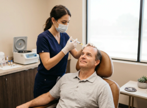 Female patient receiving PRP hair restoration treatment for hair loss at a medical spa clinic in Tomball TX