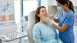 Woman with naturally rejuvenated under-eye area after salmon DNA skin treatment showing smooth hydrated skin in a medical spa setting