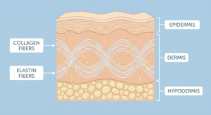 Medical cross-section diagram showing collagen and elastin fibers distributed throughout skin layers including epidermis, dermis, and subcutaneous tissue