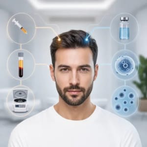 Male patient with full, healthy hair representing successful PRP hair restoration treatment with medical elements like syringe, blood sample, and centrifuge in a clinical setting.