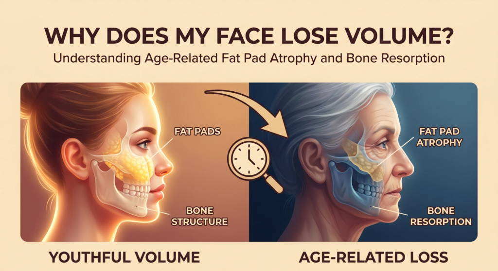 Woman showing signs of age-related facial volume loss caused by fat pad atrophy and bone resorption