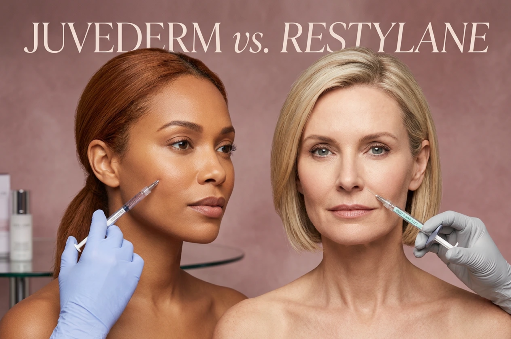 Comparison of Juvederm and Restylane dermal fillers showing facial contour enhancement, volume restoration, and filler rheology differences