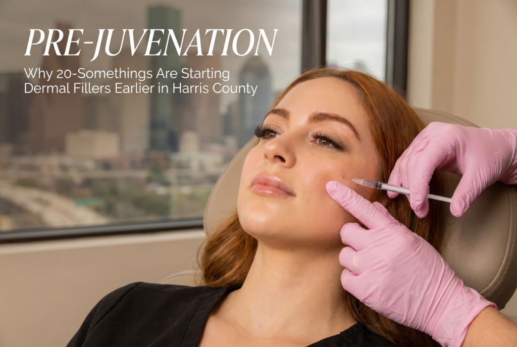 Young adults in their 20s receiving dermal filler treatment for pre-juvenation and early facial volume enhancement in Harris County