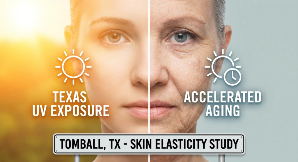 Woman experiencing premature skin aging and reduced skin elasticity from prolonged Texas UV exposure in Tomball
