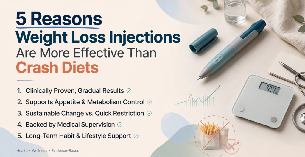 Medical weight loss injection treatment compared to crash dieting, showing healthy and sustainable weight loss results under professional supervision.