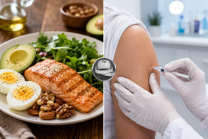 Weight loss injections vs keto diet comparison — keto meal with grilled salmon, avocado, eggs, and nuts on the left; a medical professional administering a weight loss injection on the right, representing both weight loss methods available in Tomball, TX.