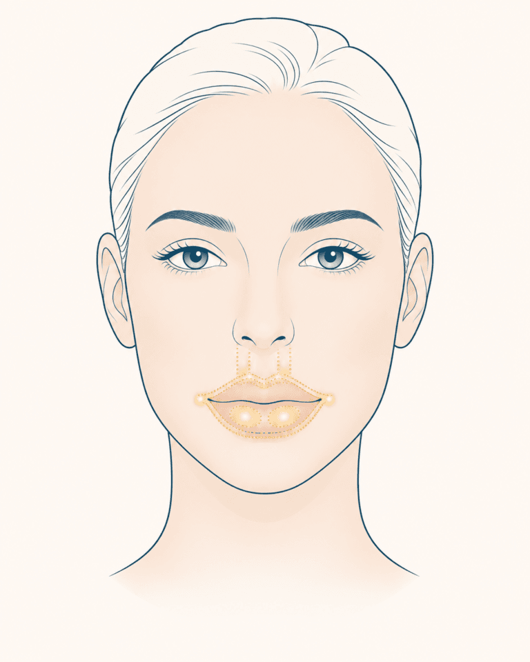 Medical infographic illustrating lip anatomy and injection areas for natural-looking lip filler treatments in Tomball, TX.