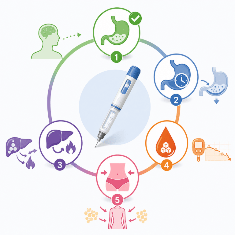 Medical infographic illustrating how weight loss injections help reduce appetite, slow digestion, regulate blood sugar, boost fat metabolism, and support fat loss.