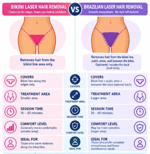 Brazilian vs bikini laser hair removal comparison showing treatment areas, session times, coverage, and comfort levels in Tomball, TX.
