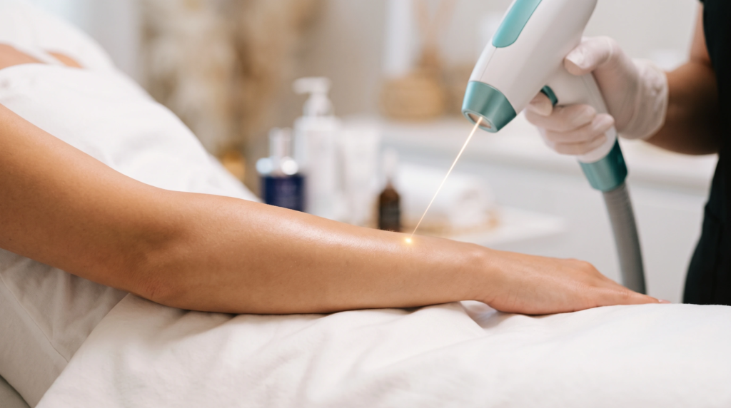 A professional aesthetician in gloves using a handheld laser device to remove hair from a client's forearm in a clean clinic setting in Enfield Royal Clinic.