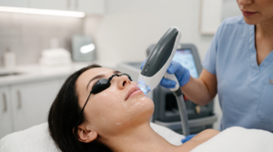 A professional performing upper lip and chin laser hair removal on a female patient wearing protective eyewear at Enfield Royal Clinic