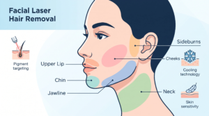 Laser hair removal treated areas illustration showing upper lip, chin, cheeks, sideburns, jawline, and neck at Enfield Royal Clinic Tomball, TX.