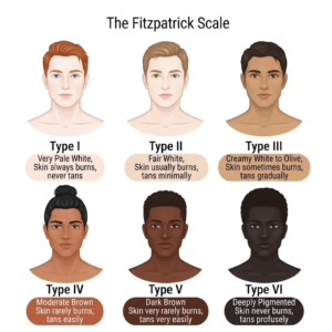 Fitzpatrick skin type scale showing Types I–VI, illustrating skin tones relevant to laser hair removal for dark skin at Enfield Royal Clinic in Tomball, TX.