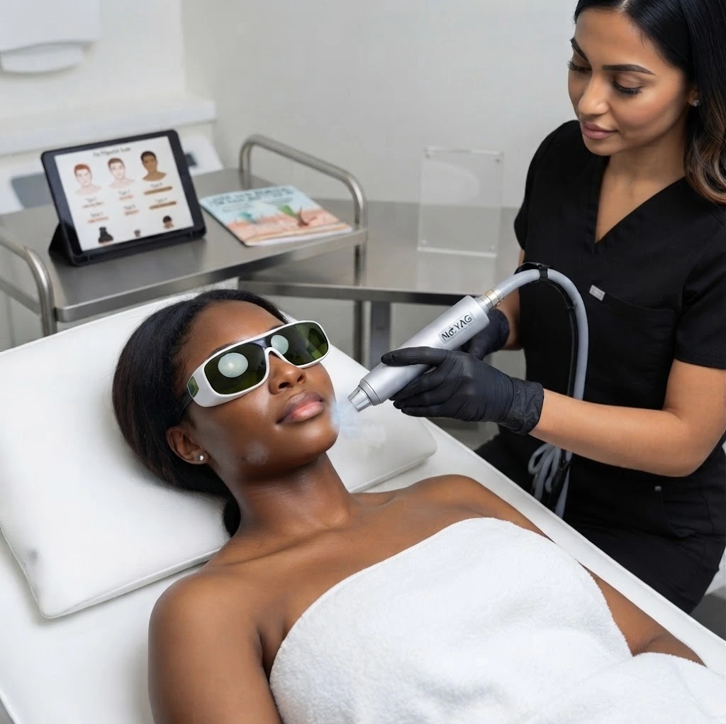 Laser hair removal for dark skin using customized laser technology at Enfield Royal Clinic.