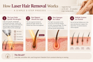 Laser hair removal infographic showing wavelength selection, melanin absorption, follicle heating, and multiple treatment sessions at Enfield Royal Clinic in Tomball TX.