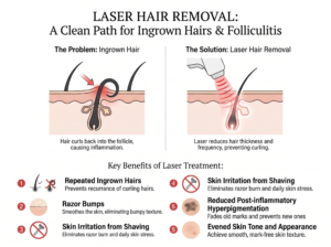 Laser hair removal benefits infographic showing how treatment can reduce ingrown hairs, razor bumps, shaving irritation, folliculitis, and post-inflammatory hyperpigmentation in Tomball TX.
