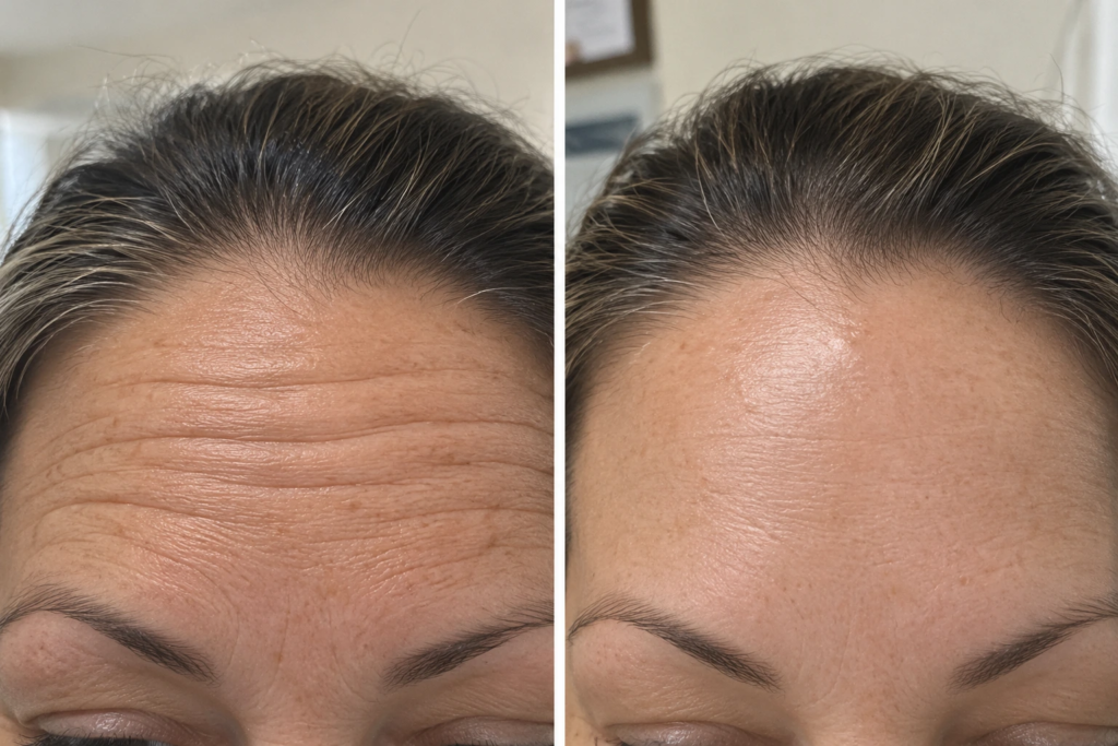 Botox forehead treatment before and after showing softened horizontal forehead wrinkles and frown lines.