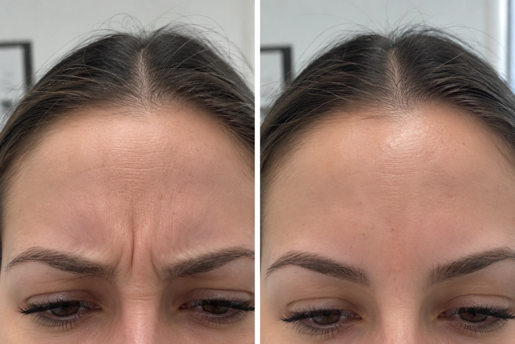 Botox for frown lines before and after showing softened vertical lines between the eyebrows in Tomball, TX.